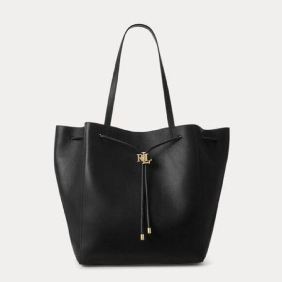 Lauren Ralph Lauren Andie Large Leather Drawstring Tote in Black, New - Picture 2 of 16